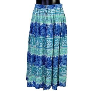 Ashley Brooke Vintage 90s Blue Teal Floral Button Front Rayon Midi Skirt Size 10